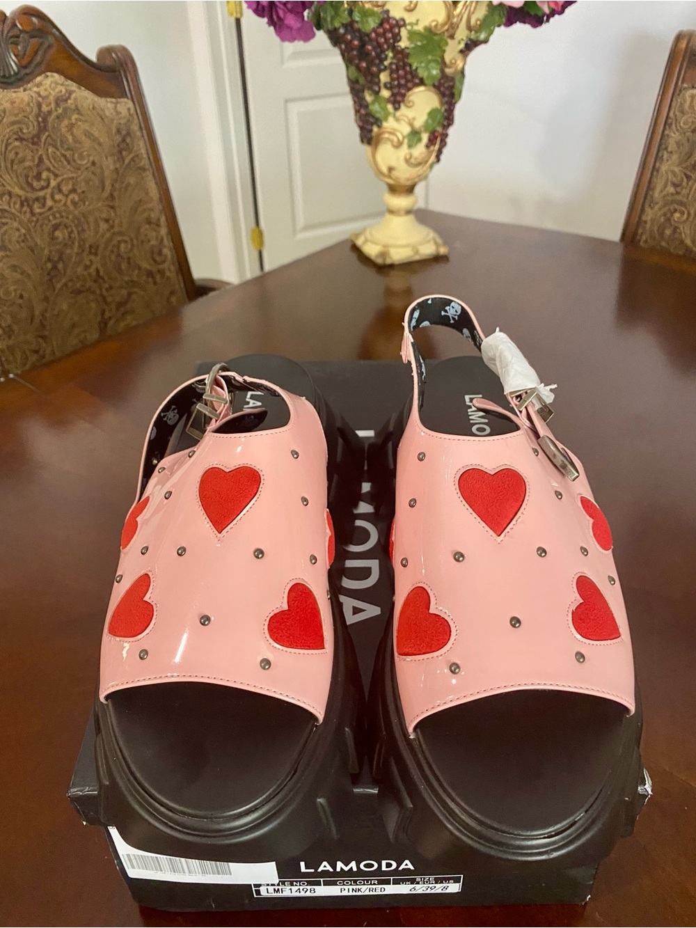 LaModa Pink Chunky Platform Sandals with Red Heart Accents - Picture 2 of 16